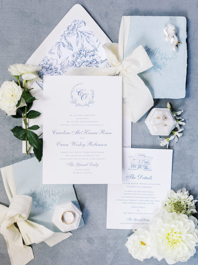 Blue and white wedding invitations